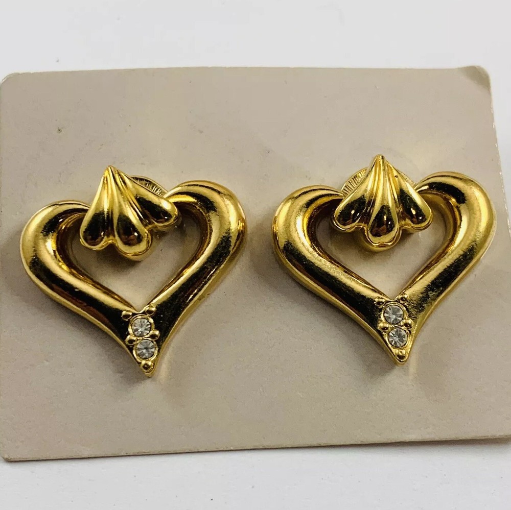 Vintage AVON Rhinestone Gold Tone Heart Door Knocker Pierced Earrings Valentines