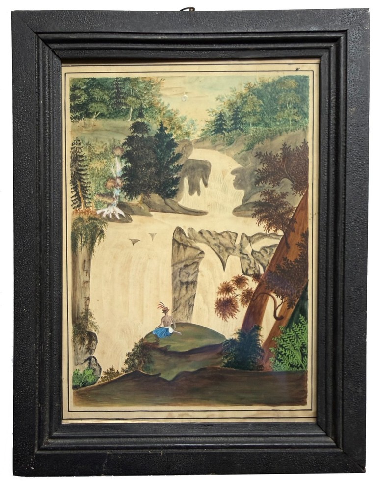 Mid 1800s Antique Folk Art Primitive New England Indian Painting Hudson River?