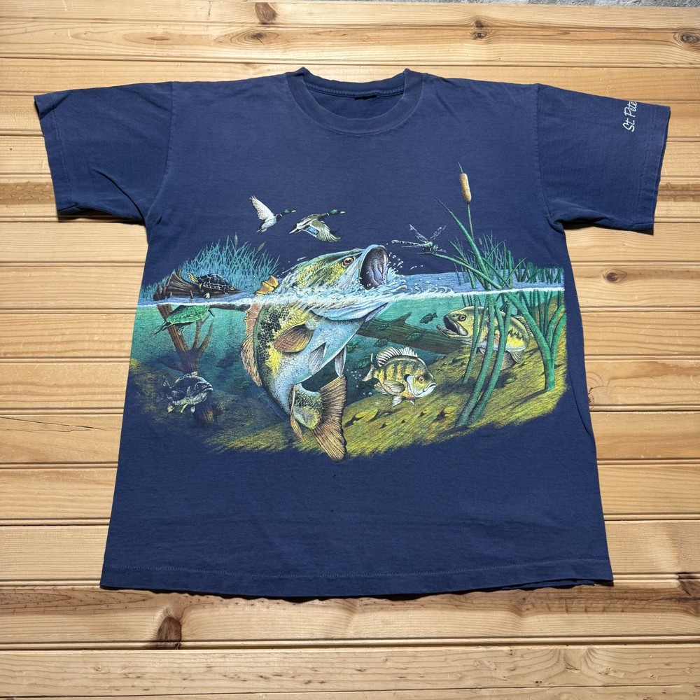 Vintage 1995 St. Pete Beach Florida Largemouth Bass Fish Graphic T-Shirt - Large