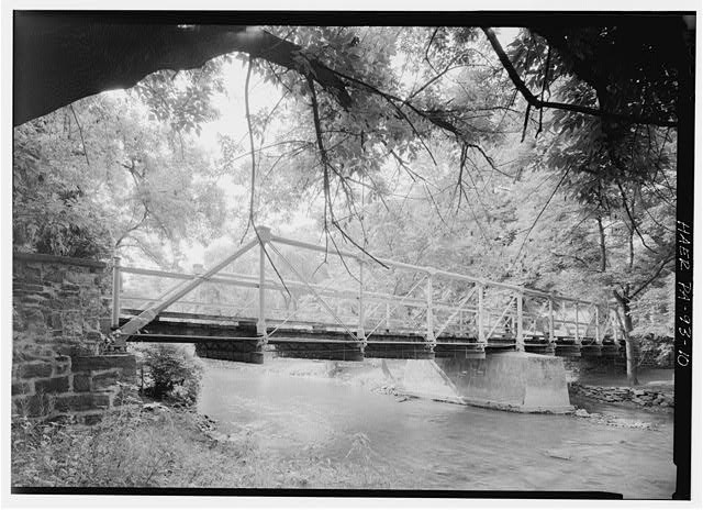 PERSPECTIVE VIEW OF EAST-SIDE TRUSS LOOKING NORTHWEST - Old Mill Road Bridge,