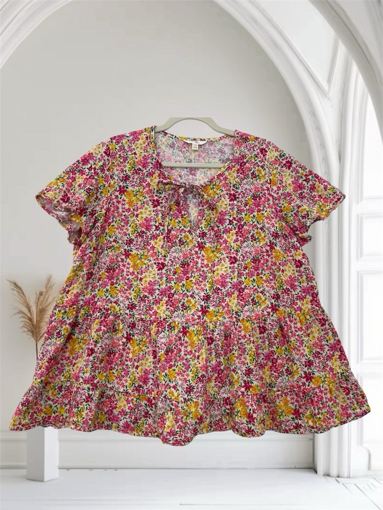 Womens Floral Tie Neck Peplum Top Size 1X Soft Cotton Summer Romantic Chic