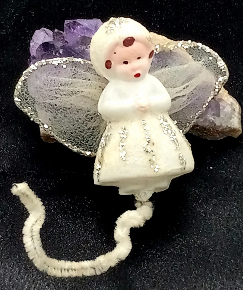 Vintage White Christmas Angel Ornament With Gauze Wings & Silver Glitter Trim