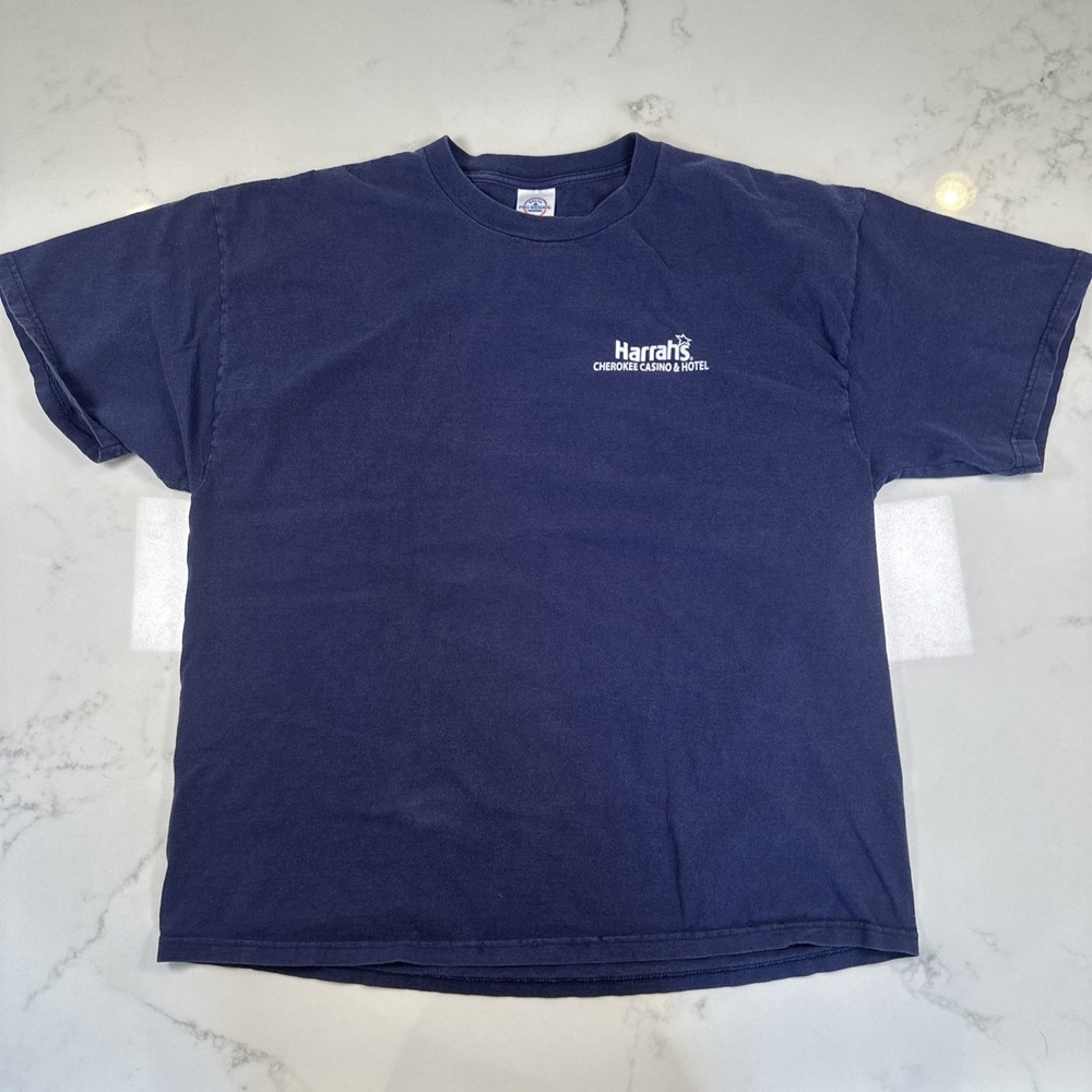 Vintage Harrah’s Cherokee Casino & Hotel Navy Blue Graphic T-Shirt Men’s XL