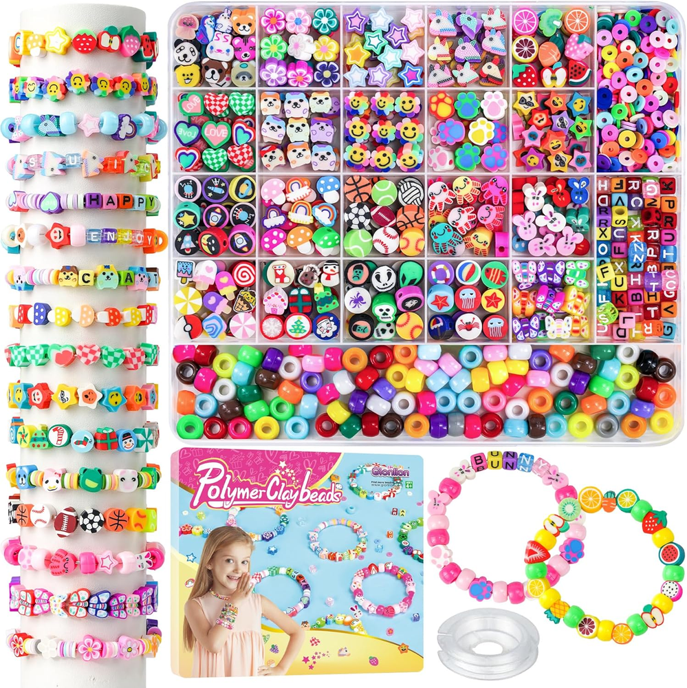 1200 Pcs Polymer Clay Beads Kit for Bracelets with 25 Animal Fruit Flower Designs