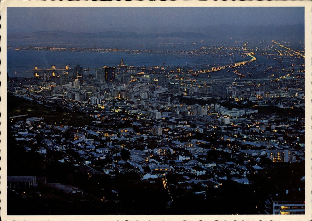 South Africa Cape Town harbor at night from Signal Hill ~ unused postcard sku151