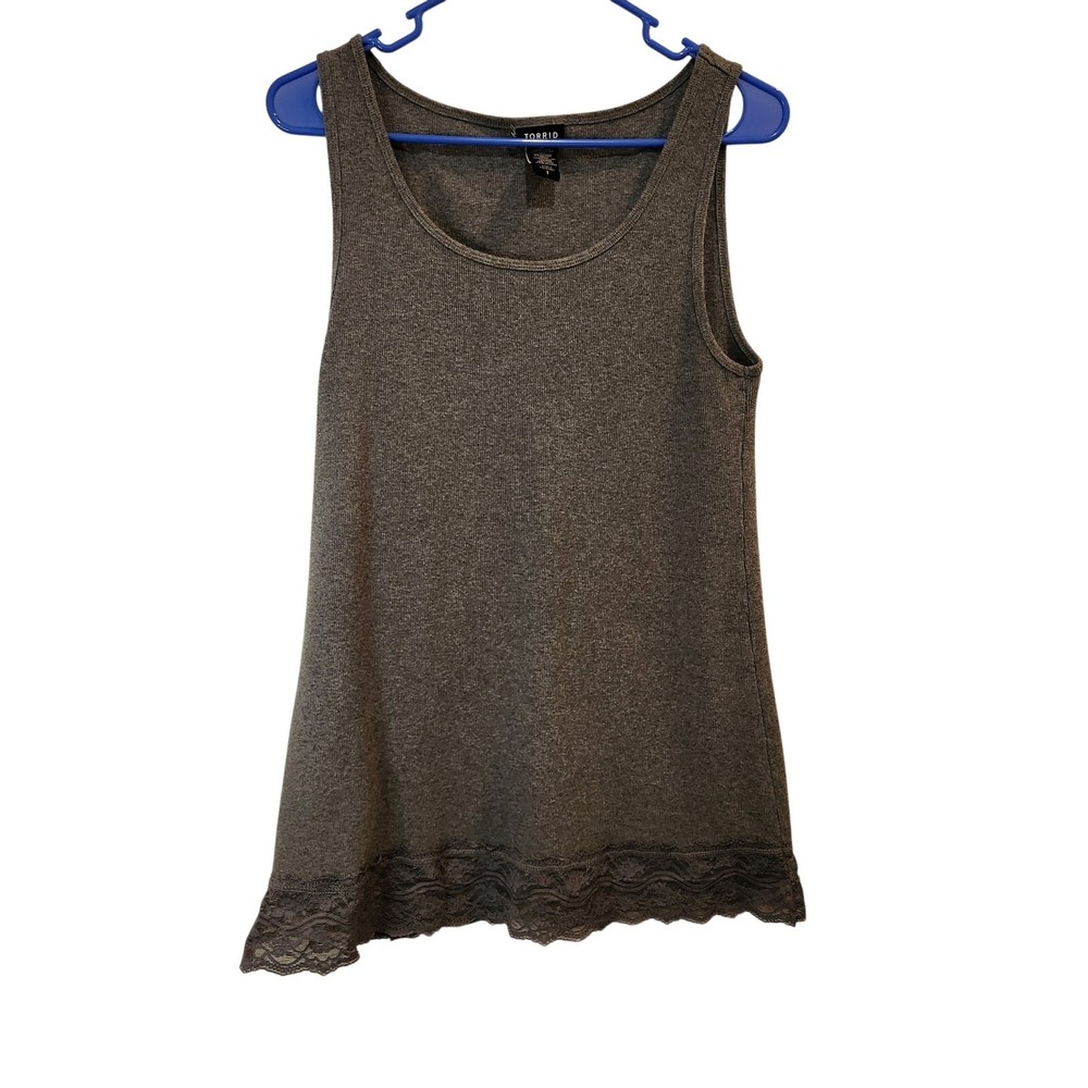 Torrid Sleeveless Gray Knit Scoop Neck Lace Hem Casual Sexy Tank Top Size 1X
