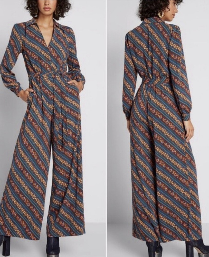 Modcloth Everything and More Long Sleeve Wide Leg Floral Pattern Jumpsuit Size1X