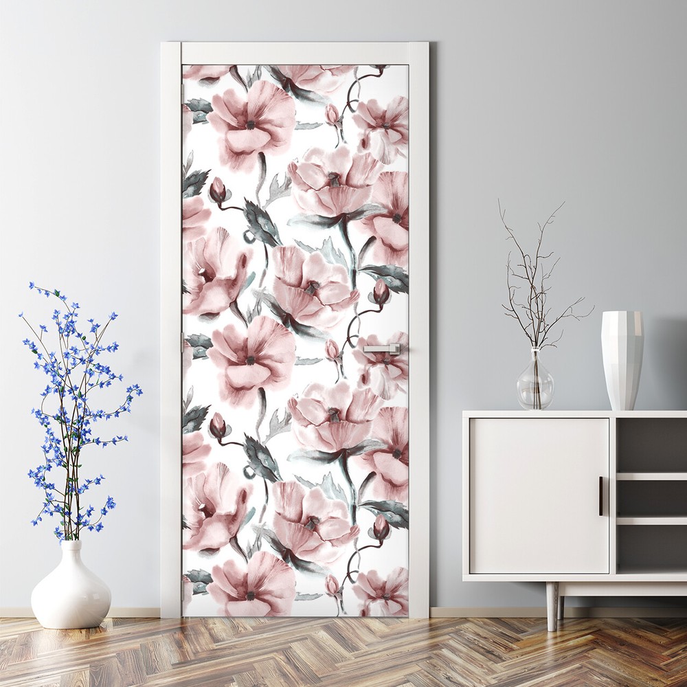 Floral Bubble Free Door sticker red grey and white Decal Decor large