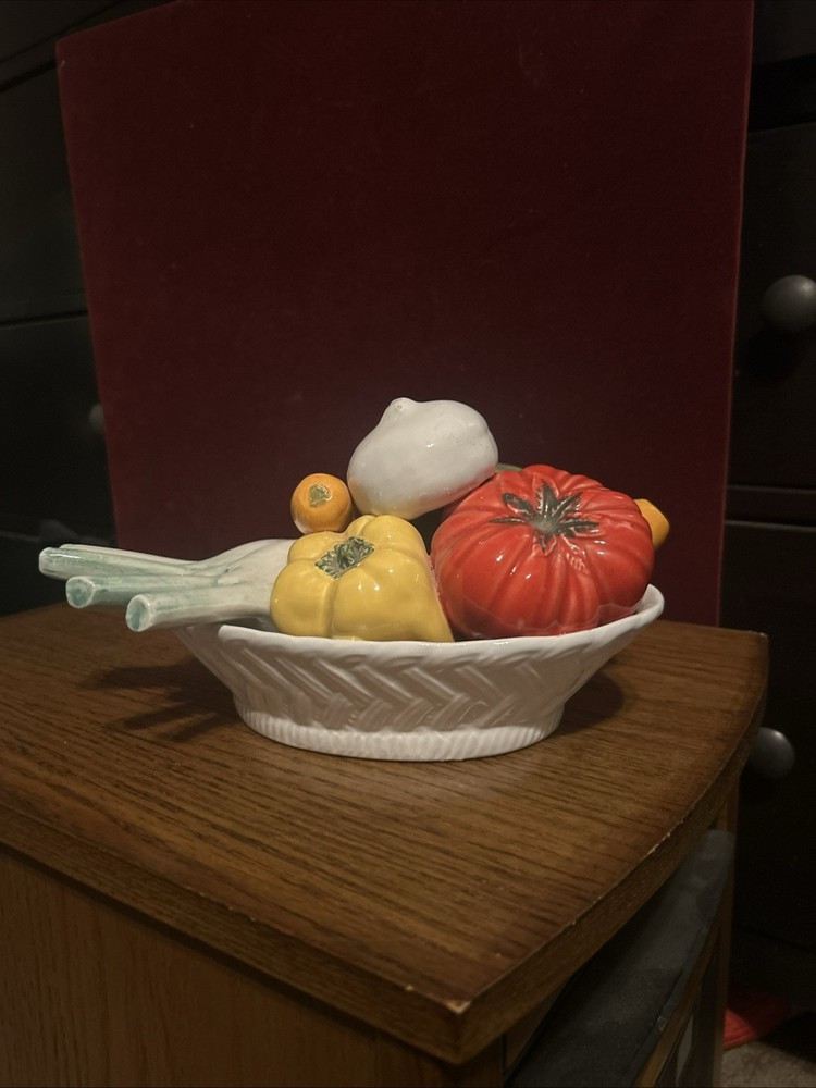 Vtg 60's Ceramic Vegetable Woven Basket Made in Italy Centerpiece or Display
