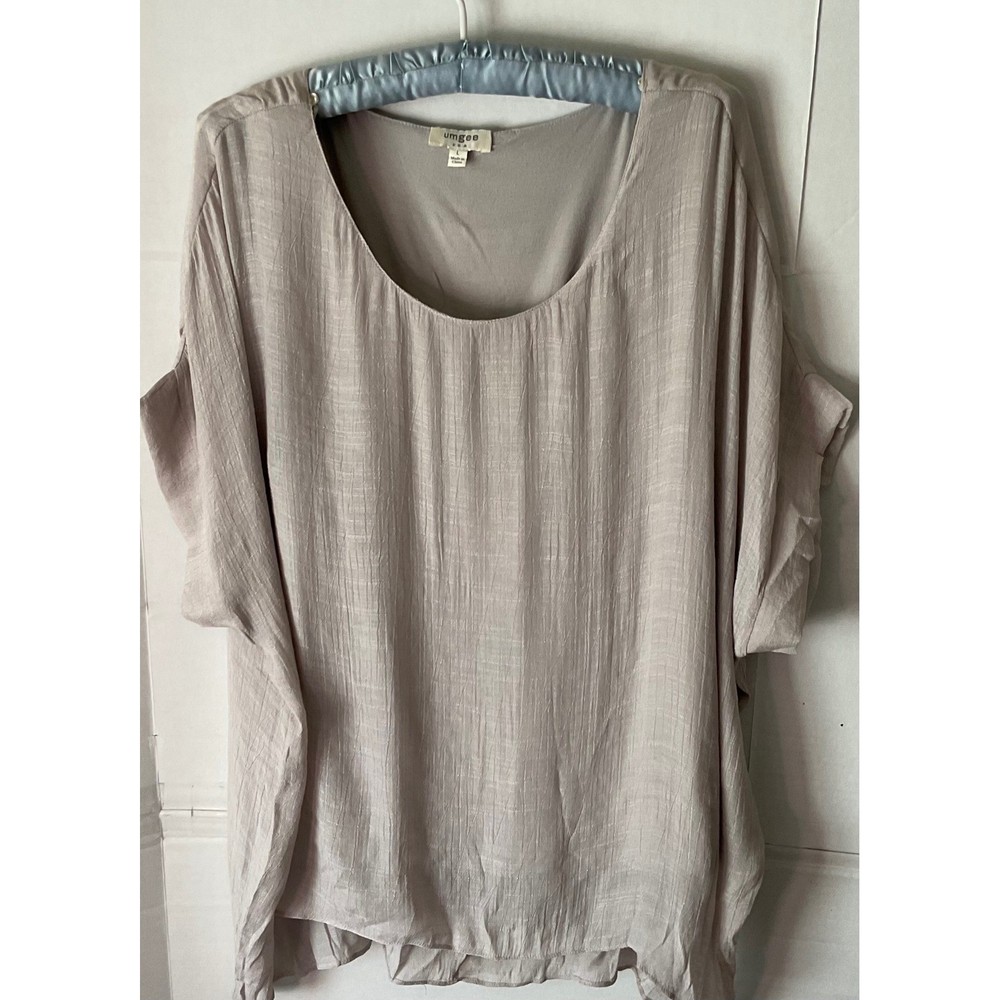 Umgee Womens Oversized Crinkle Shimmer Tunic Top Taupe Grey Boho L C1111