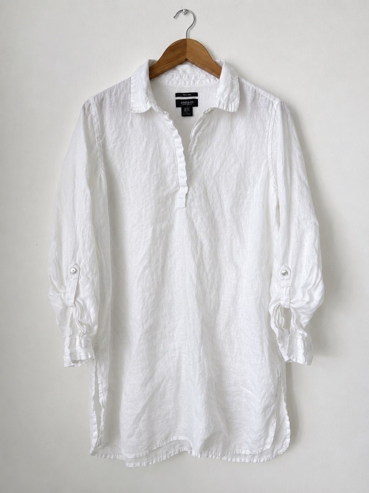 Jones & Co 100% Linen White Tunic Shirt Women’s Large Roll Tab Sleeve