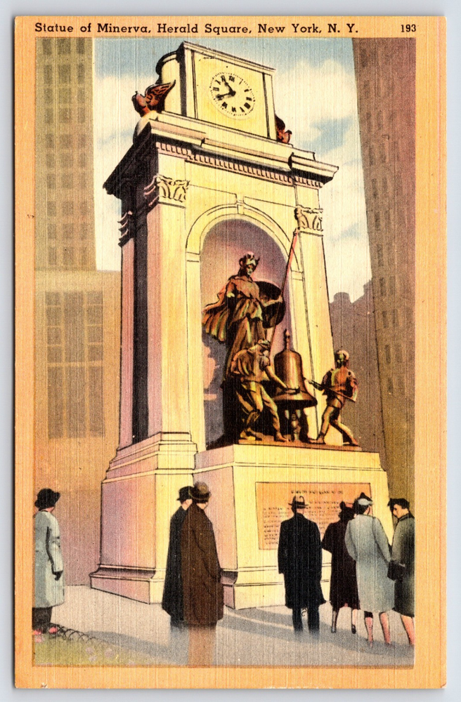 VINTAGE POSTCARD NEW YORK CITY NEW YORK USA MINERVA STATUE HERALD SQUARE PEOPLE