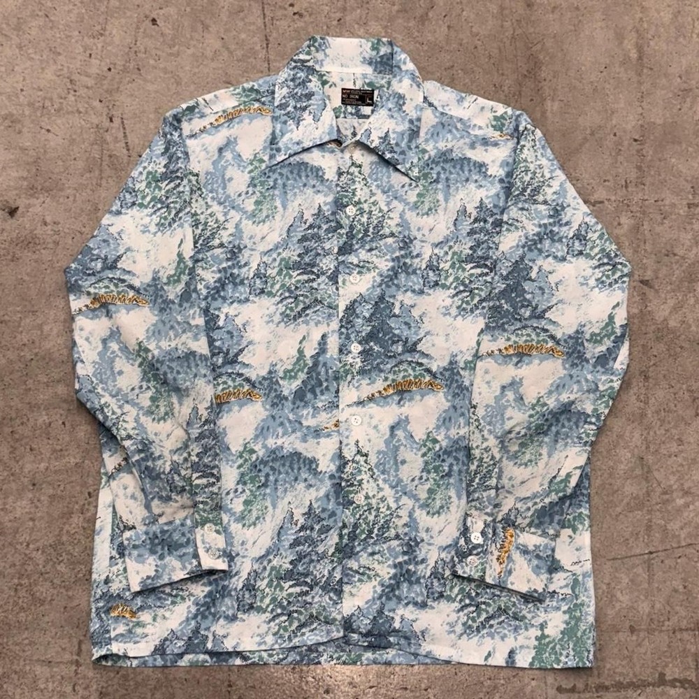 Vintage 70s Sears Forest Abstract All Over Print Button Up Shirt Large Disco-image
