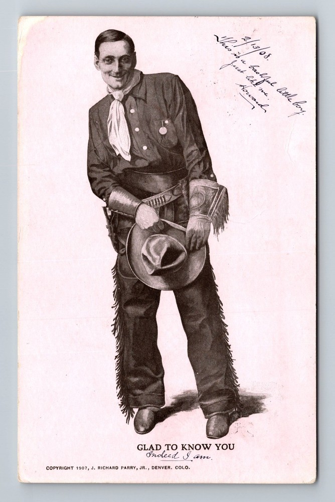Denver, CO-Colorado, Cowboy Glad to Know You Western Vintage c1908 Postcard