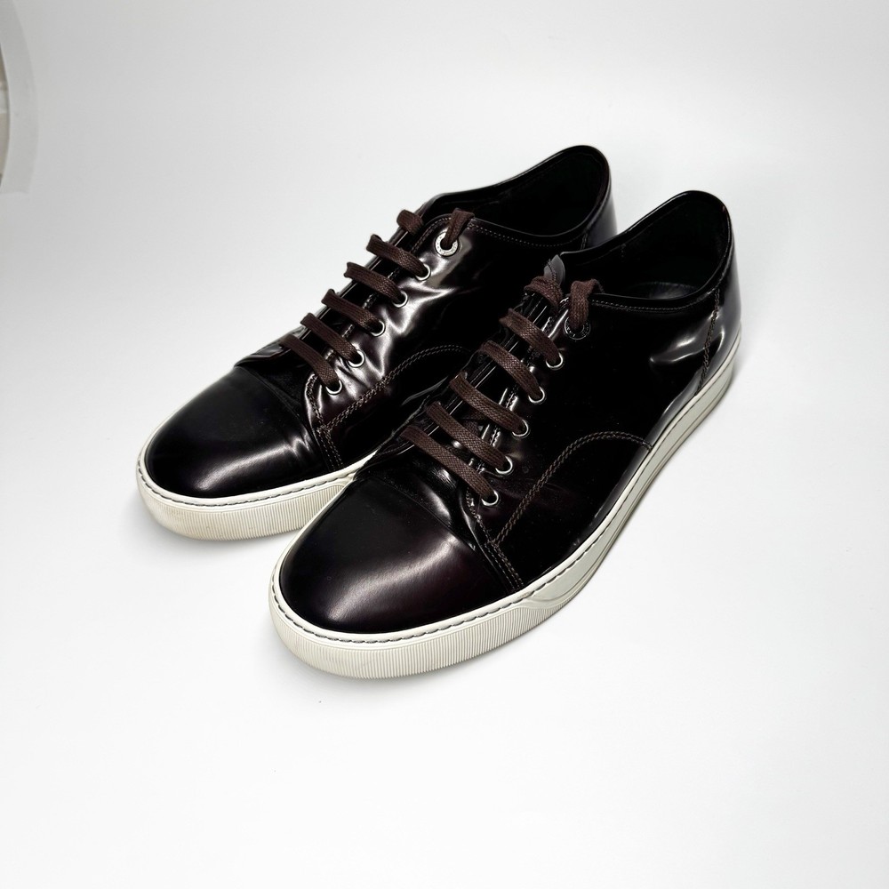 Lanvin Men's Cap Toe Patent Leather Low-Top Sneakers Size Dark Burgundy Size 9