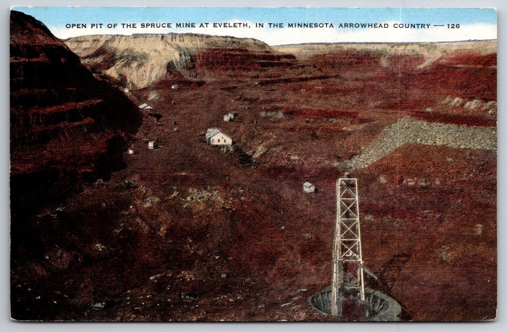 Minnesota~Open Pit Of The Spruce Mine Near Eveleth~EC Kropp Linen Postcard