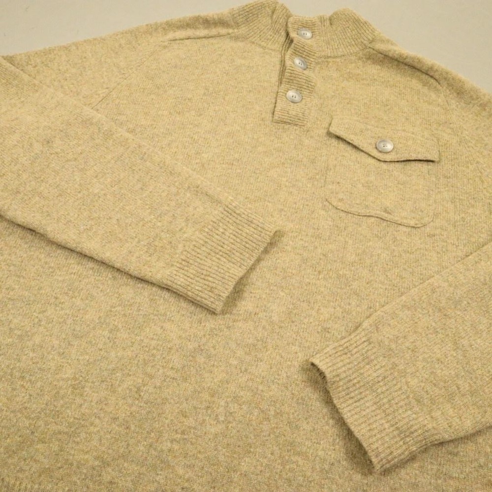 J.Crew Sweater Mens XL Beige 100% Lambswool Henley Mock Neck Knit Pullover