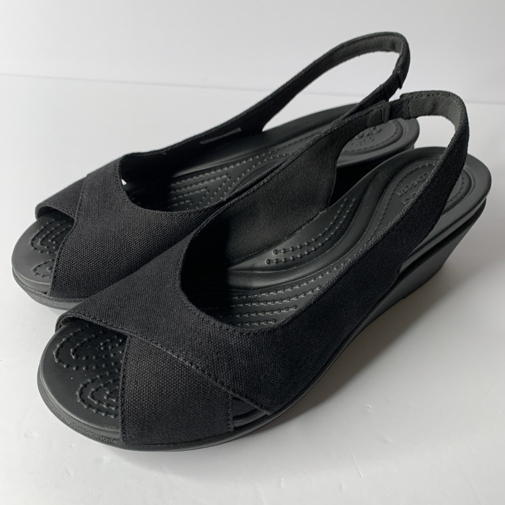 Crocs Leigh Ann Womens Black Canvas Wedge Sandals Size 7 Peep Toe Slingback