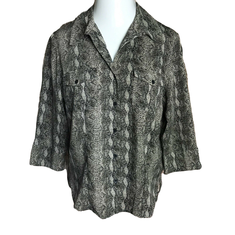 Joanna Button Up Collared Blouse Shirt ~ Sz PL ~ 3/4 Sleeve ~ Brown & Black