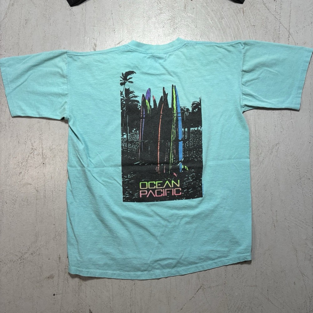 Vintage 80s Light Blue Ocean Pacific Surfwear Surf Beach T Shirt Size L