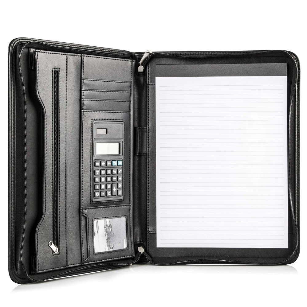 Black Superior Vegan Leather Business Portfolio with Zipper – Padfolio All-in...