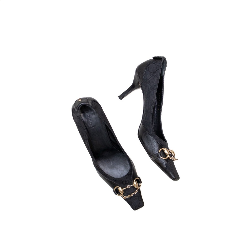 Gucci Tom Ford Era Black Monogram Square Toe Heels Size 8B Gold Horsebit