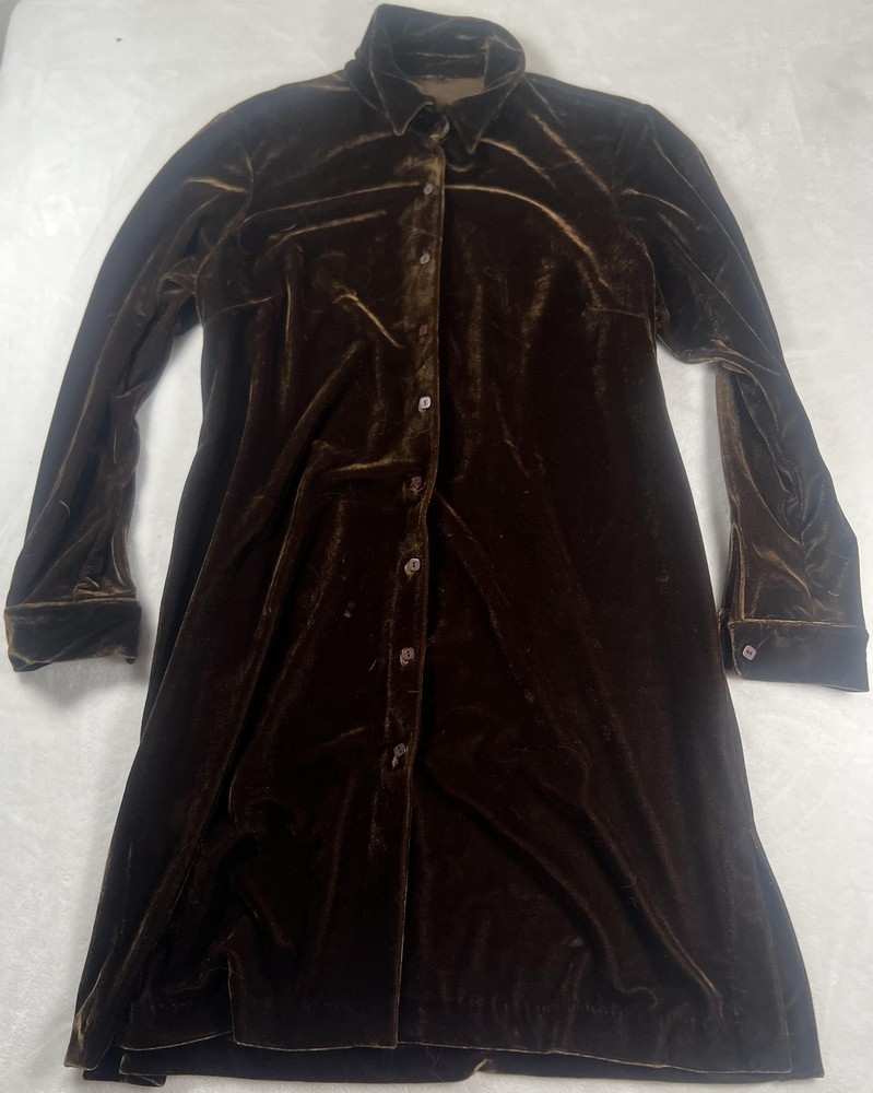 Velvet Shirt Dress Womens Medium Brown Long Sleeve Button Front Collared Velour