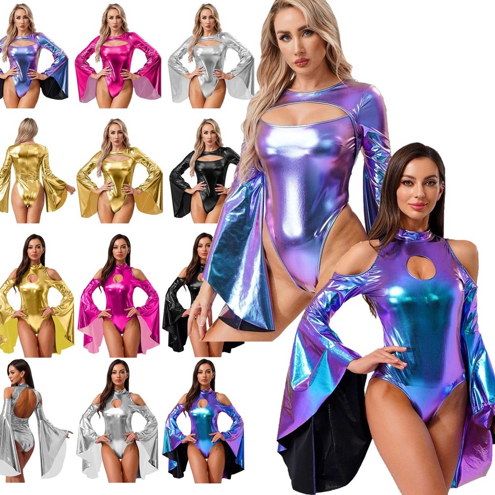 Women's Metallic Shiny Flared Sleeve Leotard Front High Cut Bodysuit Clubwear