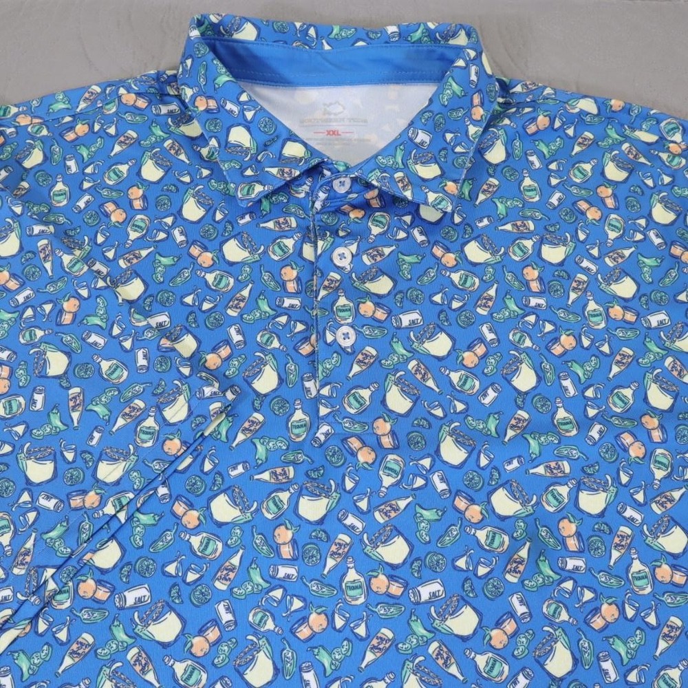Southern Tide Polo Shirt Mens 2XL Blue Margarita Tequila Lime Alcohol Geometric