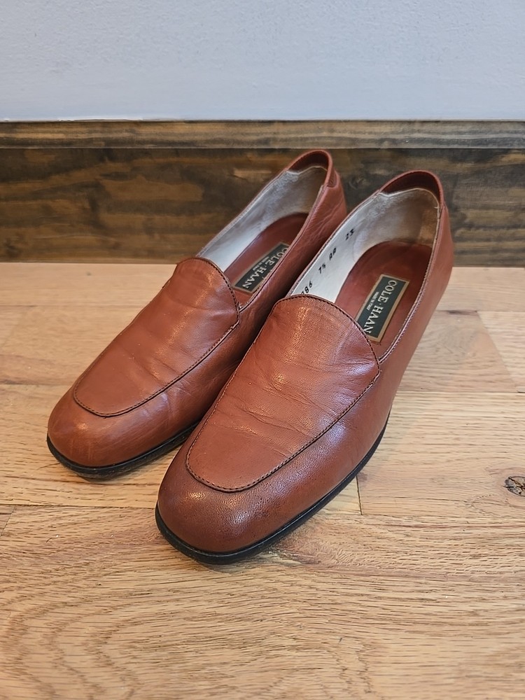 COLE HAAN Leather Brown Slip On Low Block Heels Loafers Shoes Size 7.5 AA Italy