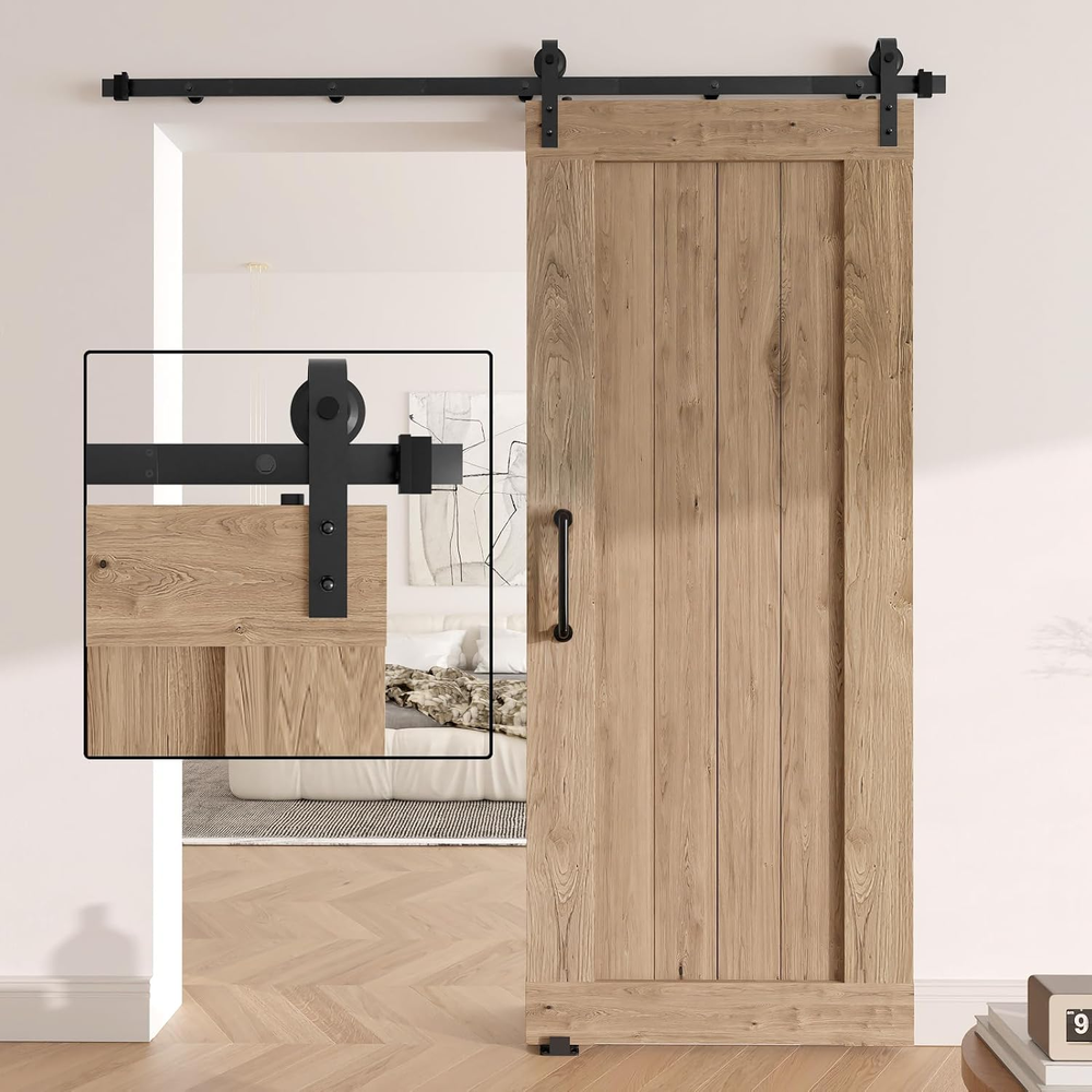 6.6FT Sliding Barn Door Hardware Kit with Upgraded Screw Fixation Modular Track and Heavy Duty Rollers