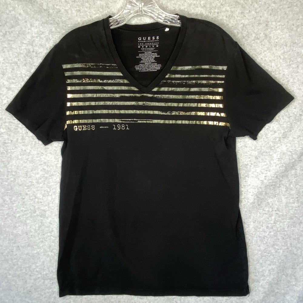 Men’s Black And Gold Striped Guess T-shirt Medium Short sleeve V-neck