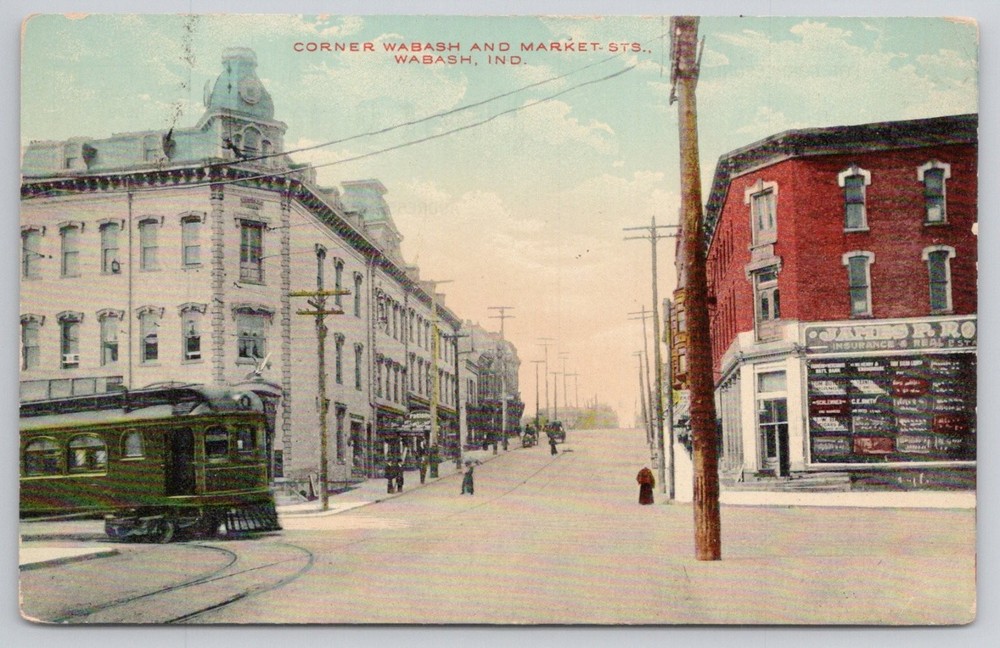 Wabash, Indiana Streetcar Postcard - Wabash & Market Sts. S. H. Knox
