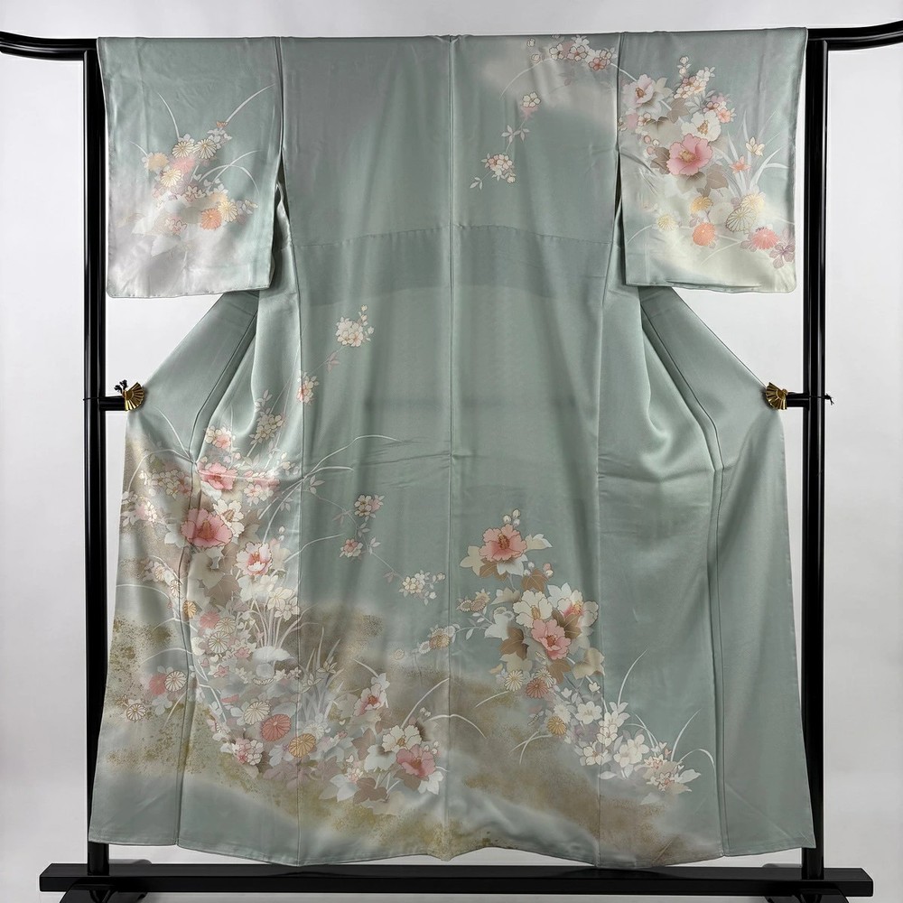 Silk Homongi Kimono Gray Green Size S 156cm Length Used