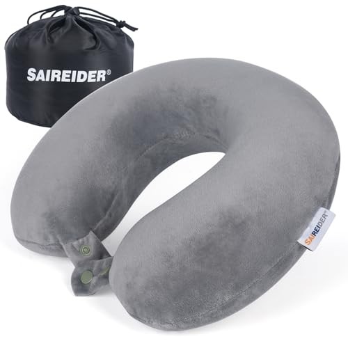 Memory Foam Travel Pillow for Airplane Sleeping with Storage Bag in Grey