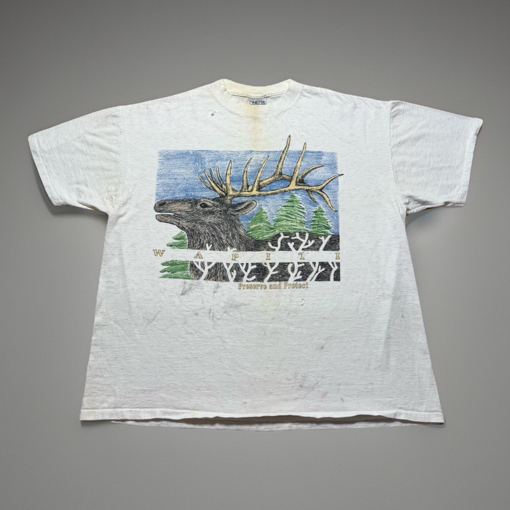 Vintage 90s Elk Wapiti Preserve And Protect Thrashed Nature Art Shirt Size 2XL