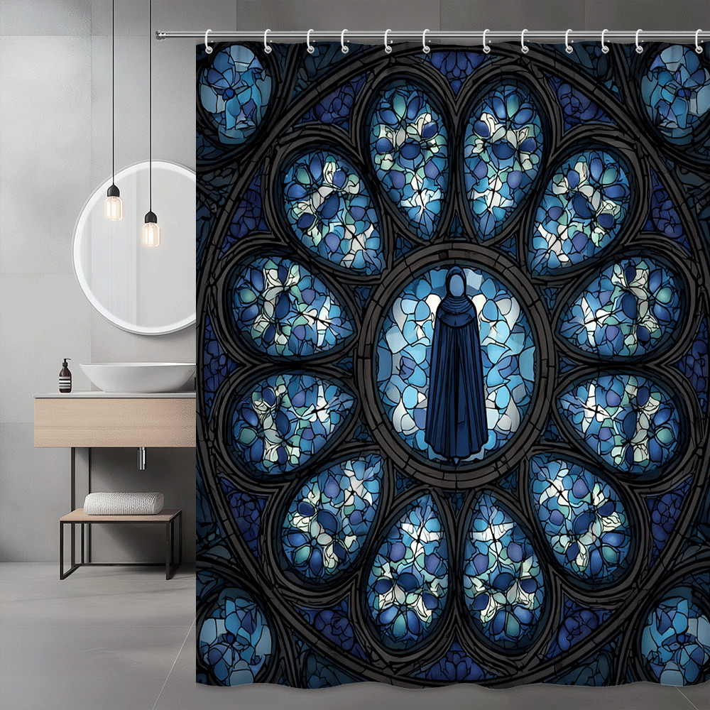 Blue Stained Glass Style Shower Curtain Floral Graphic