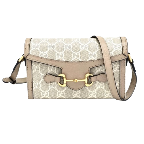 GUCCI Horsebit 1955 Mini Crossbody Bag in GG Supreme Canvas and Beige Leather