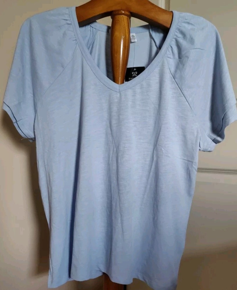 Rafaella Women's  Knit V-Neck Windsurfer Blue Ruffled Short Sleeve Top Size XL