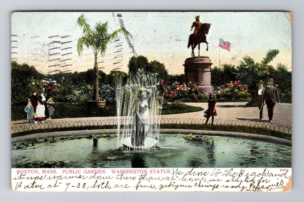 Boston MA-Massachusetts Public Gardens Washington Statue, Vintage c1907 Postcard