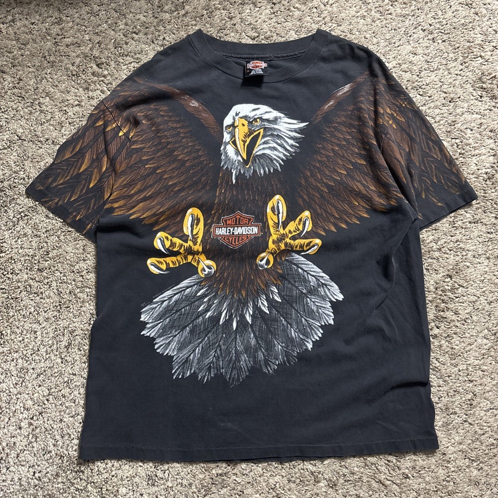 Vtg Harley Davidson 90s AOP Bald Eagle T-Shirt Size XL Single Stitch  USA