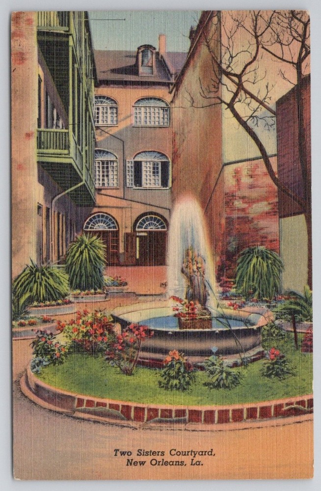 Vintage 1938 New Orleans Two Sisters Courtyard Fountain Linen Postcard