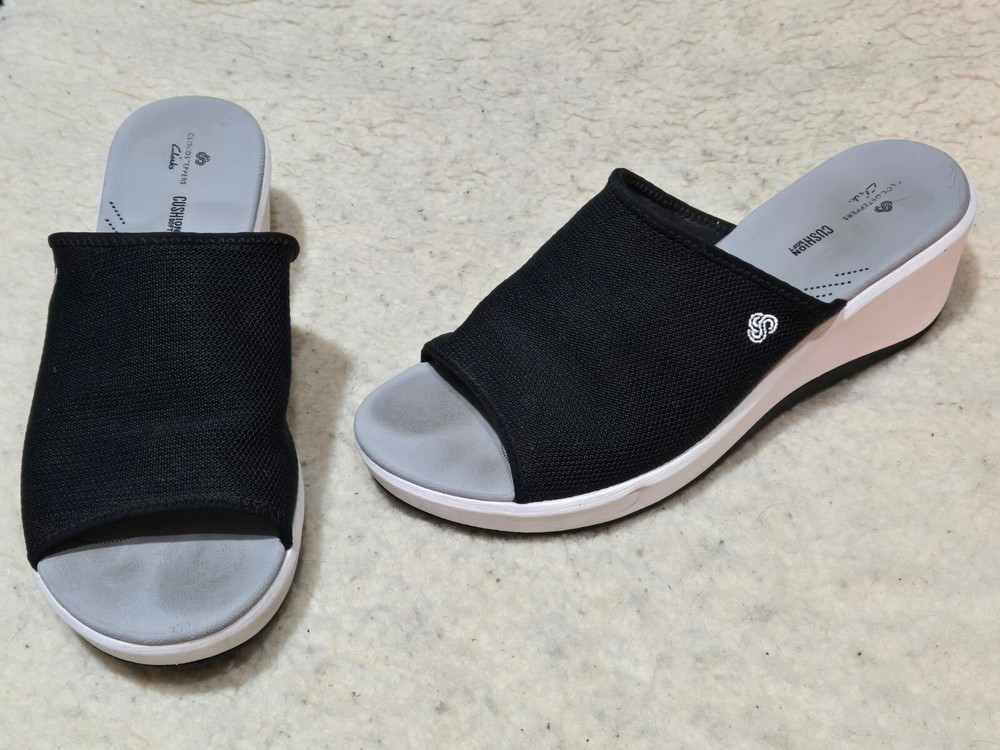 Clarks Cloudsteppers Cali Bay Black & White Wedge Slide Sandals Size 10