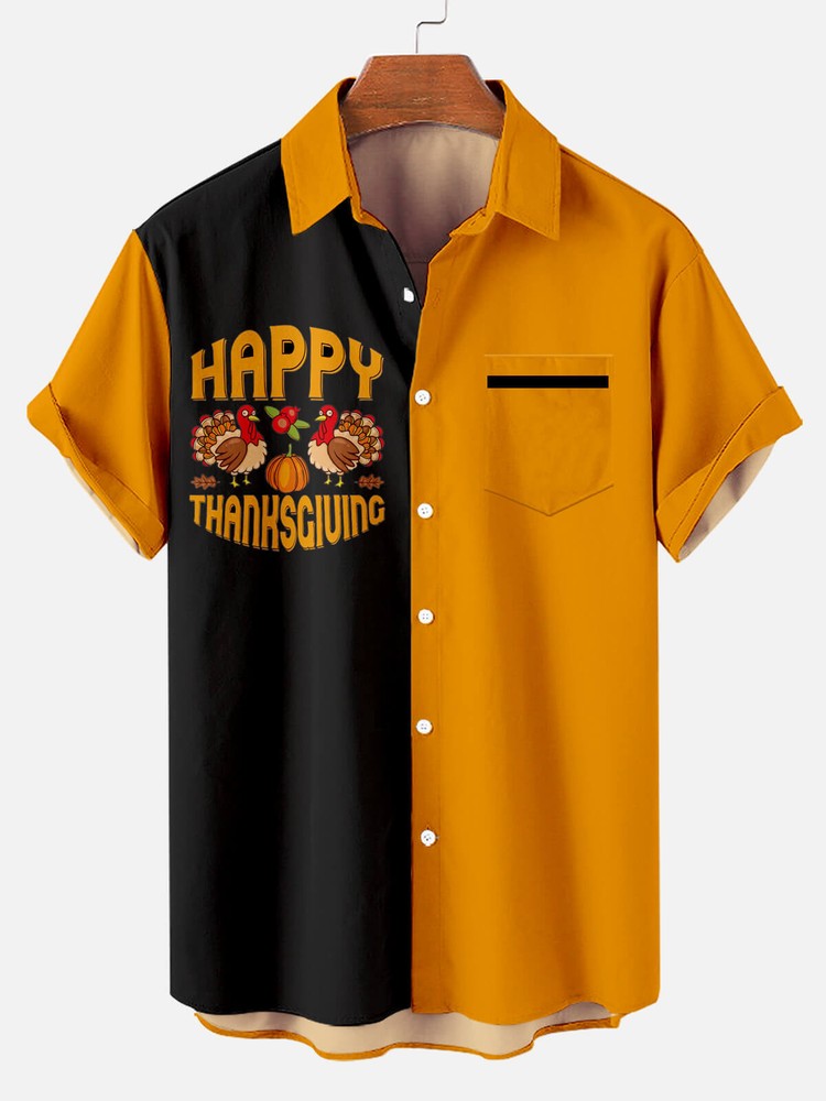 Thanksgiving Turkey Print Mens Short Sleeve Hawaiian Aloha Shirt Holiday Casual Wear