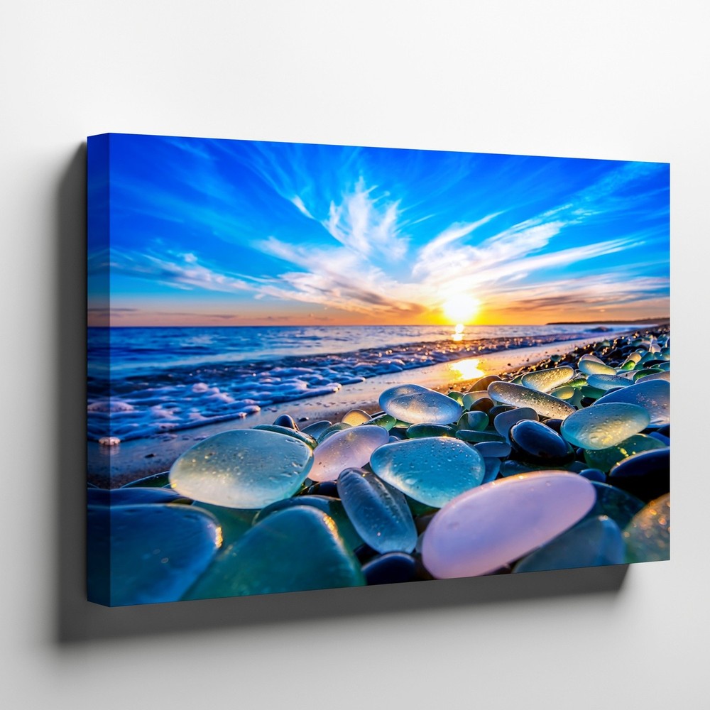 Coastal Sunset Ocean Canvas Wall Art Glass Pebbles by the Seashore Print Decor
