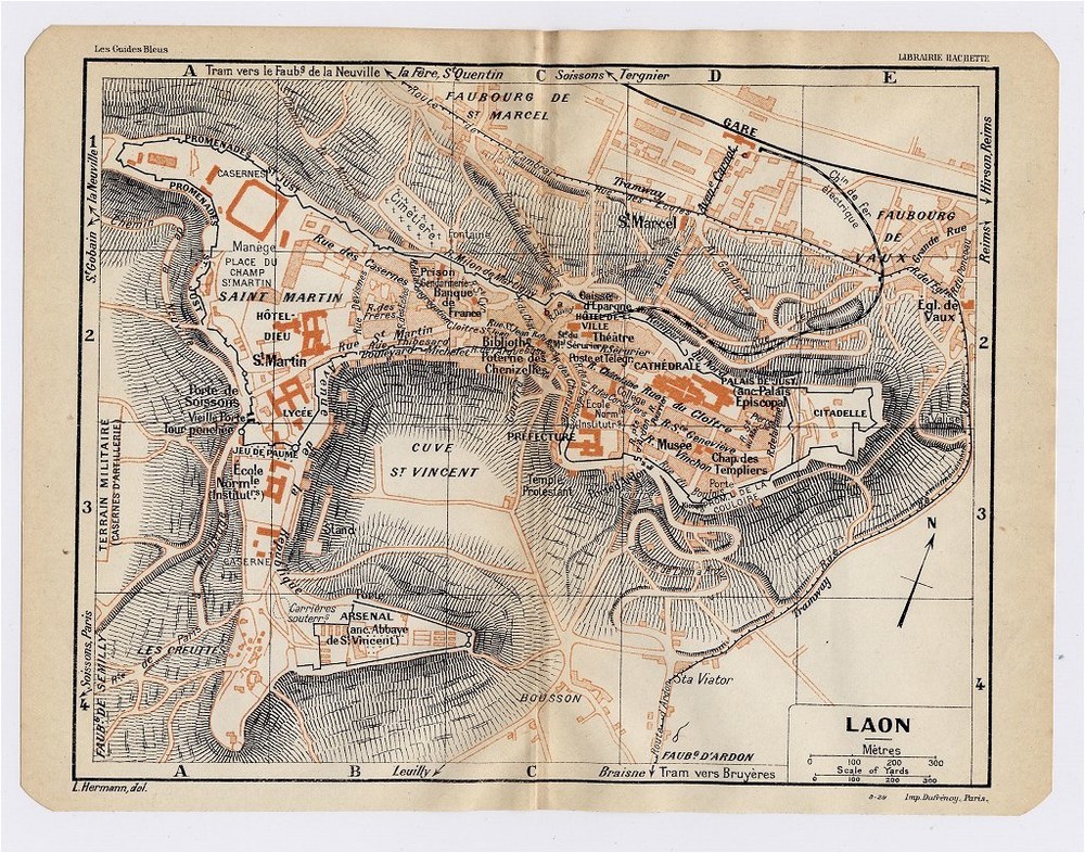 1930 Original Vintage City Map Of Laon / Picardy Picardie / France