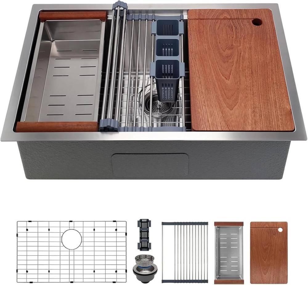 30in Undermount Single Bowl Kitchen Sink 11 Gauge Stainless Steel Workstation