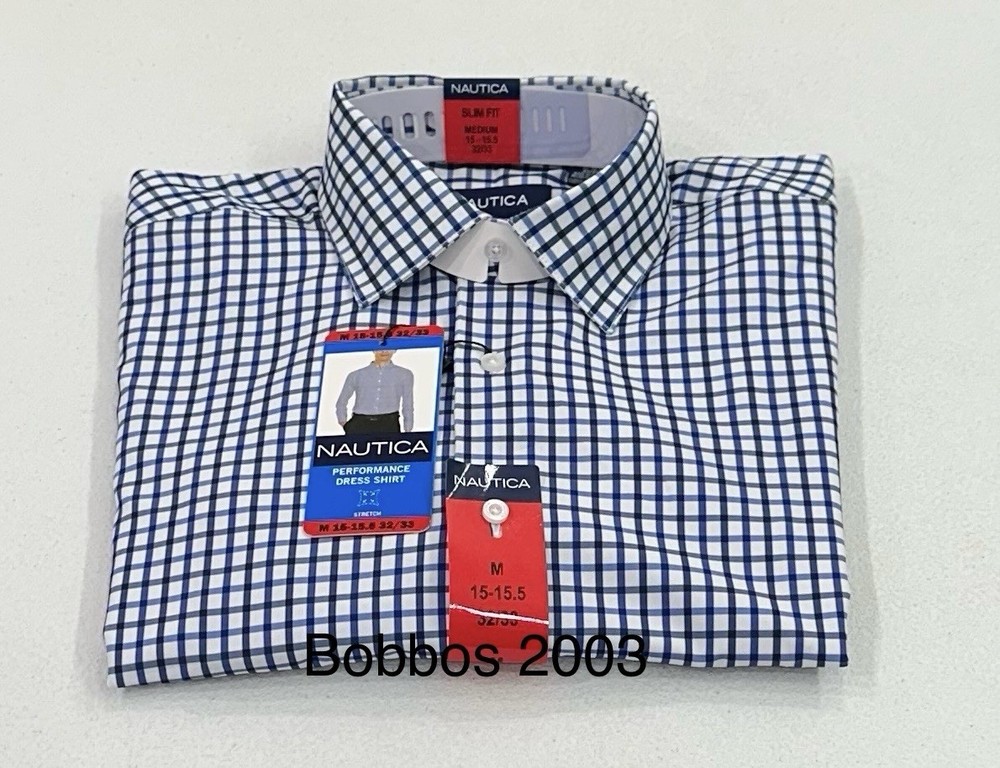 Nautica Men's Performance Slim Fit Dress Shirt, Blue, M (15-15.5, 32/33)