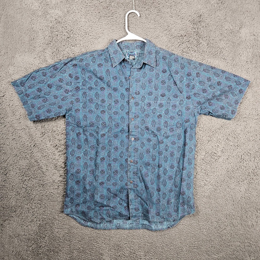 Shah Safari Mens Medium Short Sleeve Button Down Shirt Blue Purple Geometric DNA
