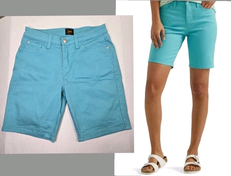 Lee Mid Rise Bay Turquoise Blue Shorts Women's Size 4 Cotton Blend Stretch
